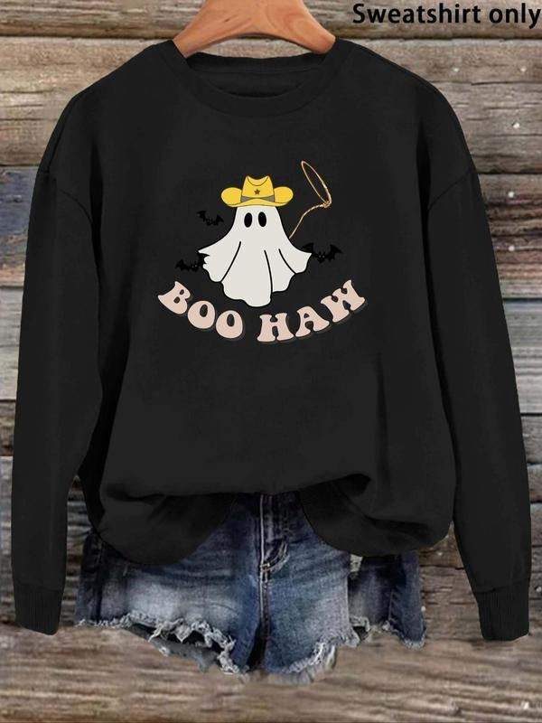 Women'WB shield Halloween Cartoon Ghost & Letter Print Round Neck Sweatshirt, Casual Long Sleeve Crew Neck Pullover for...