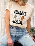 Women'WB shield Halloween Cartoon Ghost & Letter Print Round Neck Tee, Casual Short Sleeve Crew Neck T-shirt for Daily...
