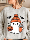 Women'WB shield Halloween Cartoon Ghost & Pumpkin Print Drop Shoulder Sweatshirt, Cute Casual Long Sleeve Round Neck...
