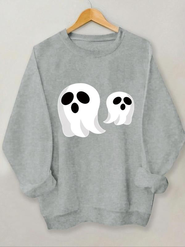 Women'WB shield Halloween Cartoon Ghost Print TNF Lined Sweatshirt, Casual Crew Neck Long Sleeve Pullover for Daily Wear,...