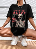Women'WB shield Halloween Cartoon Graphic Print Round Neck Tee, Fashion Casual Drop Shoulder Short Sleeve T-shirt for...