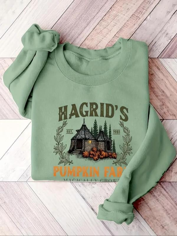 Women'WB shield Halloween Cartoon Pumpkin & Letter Print Round Neck Pullover, Fashion Casual Long Sleeve Crew Neck...
