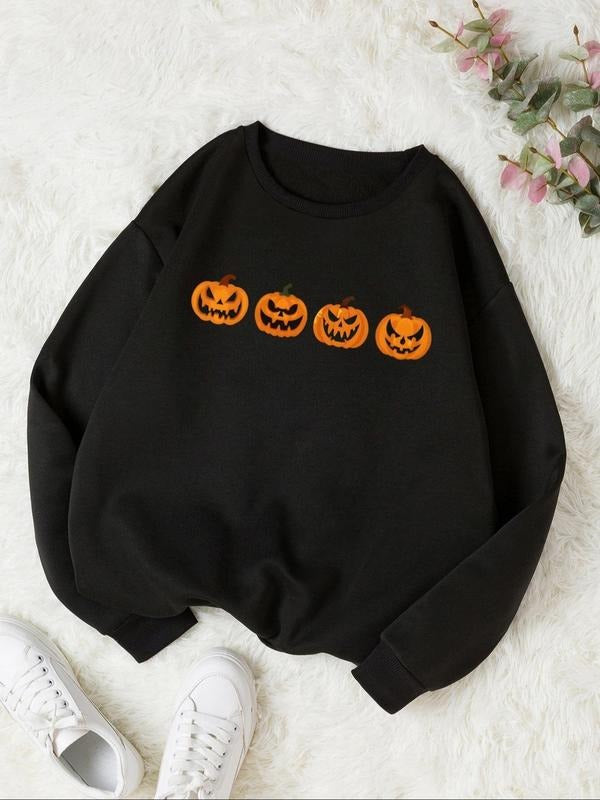 Women'WB shield Halloween Cartoon Pumpkin Print Crew Neck Sweatshirt, Casual Drop Shoulder Long Sleeve Pullover, Women'WB...