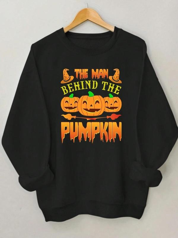 Women'WB shield Halloween Cartoon Pumpkin Print Round Neck Sweatshirt, Fashion Casual Letter Print Crew Neck Pullover for...