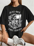 Women'WB shield Halloween Cartoon Skeleton & Letter Print Drop Shoulder Tee, Fashion Casual Round Neck Half Sleeve...