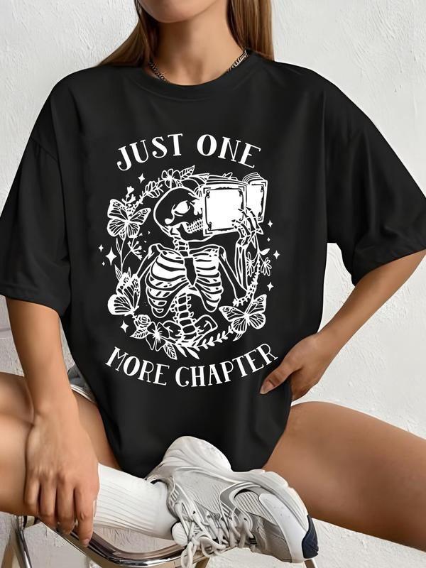 Women'WB shield Halloween Cartoon Skeleton & Letter Print Drop Shoulder Tee, Fashion Casual Round Neck Half Sleeve...