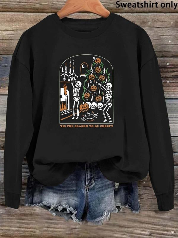 Women'WB shield Halloween Cartoon Skeleton & Pumpkin Print Drop Shoulder Sweatshirt, Casual Long Sleeve Round Neck...