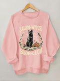 Women'WB shield Halloween Cat & Letter Print Drop Shoulder Sweatshirt, Casual Long Sleeve Round Neck Pullover for Daily...