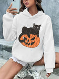 Women'WB shield Halloween Cat & Pumpkin Print Drop Shoulder Hoodie, Fashion Casual Long Sleeve Hooded Sweatshirt for...