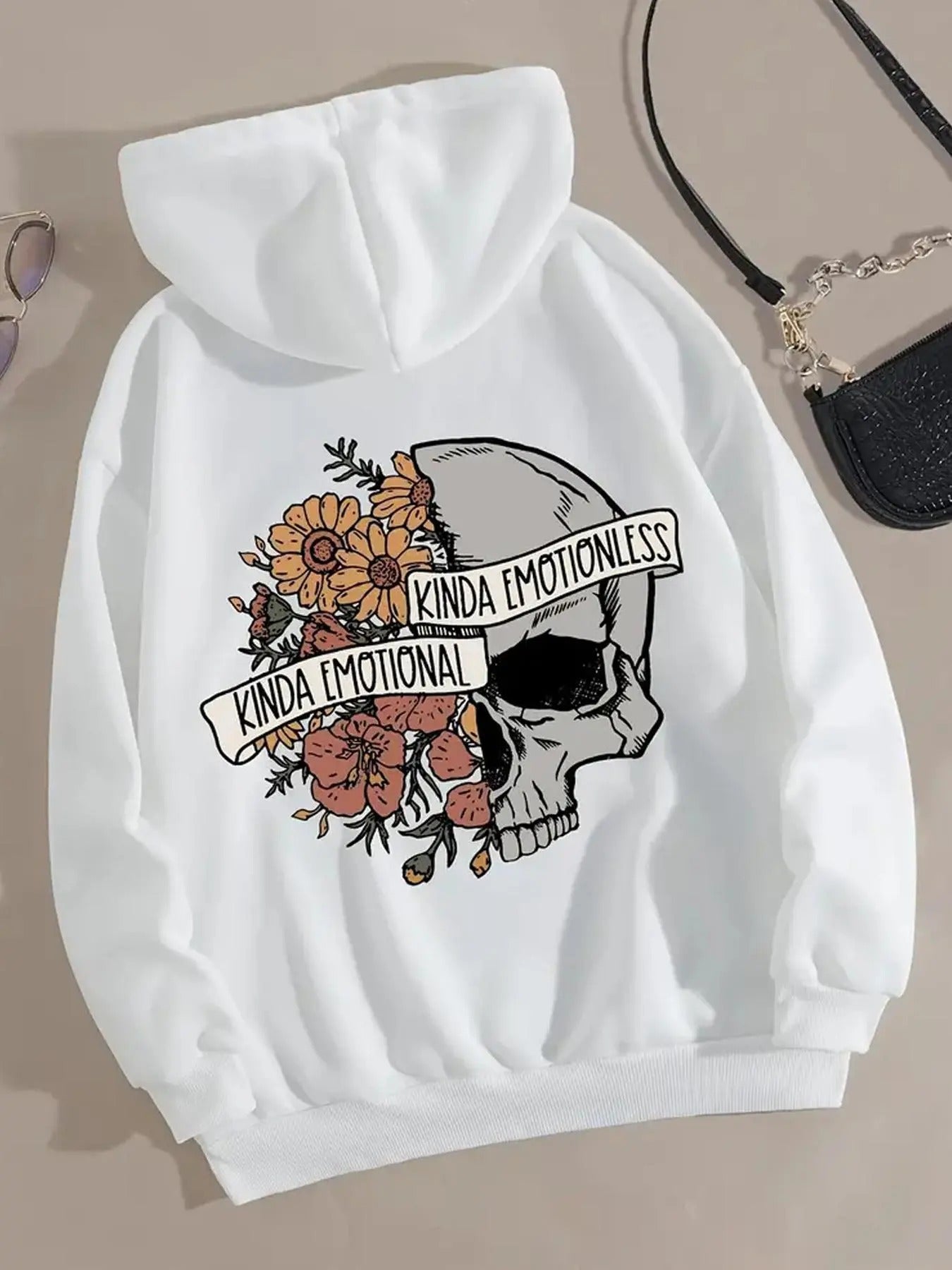 Women'WB shield Halloween Floral & Skull Print Drop Shoulder Hoodie, Fashion Casual Letter Print Drawstring Pocket Hooded...