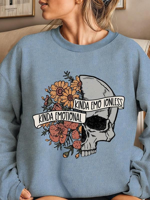Women'WB shield Halloween Floral & Skull Print Drop Shoulder Sweatshirt, Casual Letter Graphic Long Sleeve Round Neck...