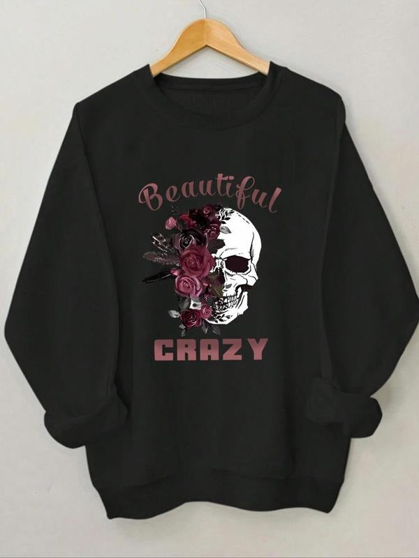 Women'WB shield Halloween Floral & Skull Print Round Neck Sweatshirt, Trendy Casual Long Sleeve Pullover for Daily Wear,...