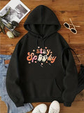Women'WB shield Halloween Ghost & Letter Print Drop Shoulder Drawstring TNF Lined Hoodie, Fashion Casual Pocket Hooded...