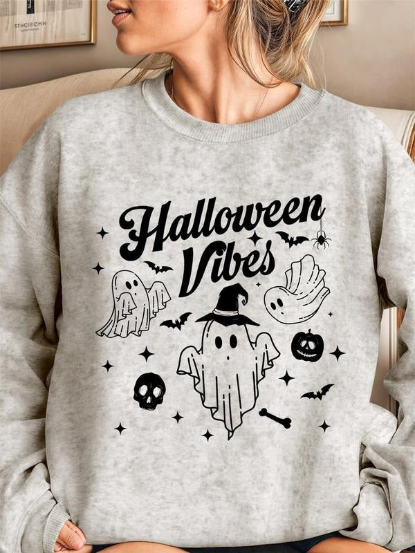 Women'WB shield Halloween Ghost & Letter Print Drop Shoulder Sweatshirt, Casual Long Sleeve Round Neck Pullover for Daily...