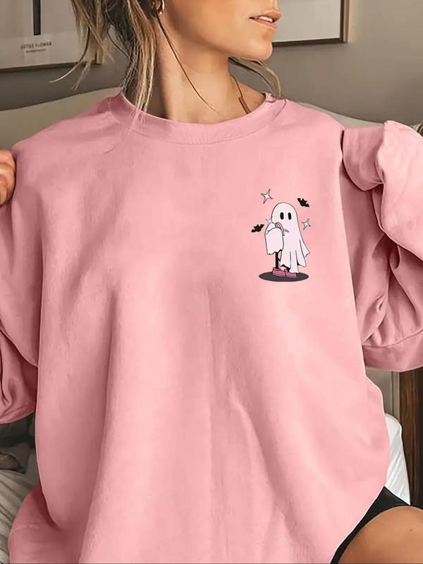 Women'WB shield Halloween Ghost Print Drop Shoulder Pullover, Casual Long Sleeve Crew Neck Sweatshirt for Fall & Winter,...