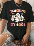 Women'WB shield Halloween Ghost Print Round Neck Tee, Fashion Casual Crew Neck Short Sleeve T-Shirt for Daily Holiday...