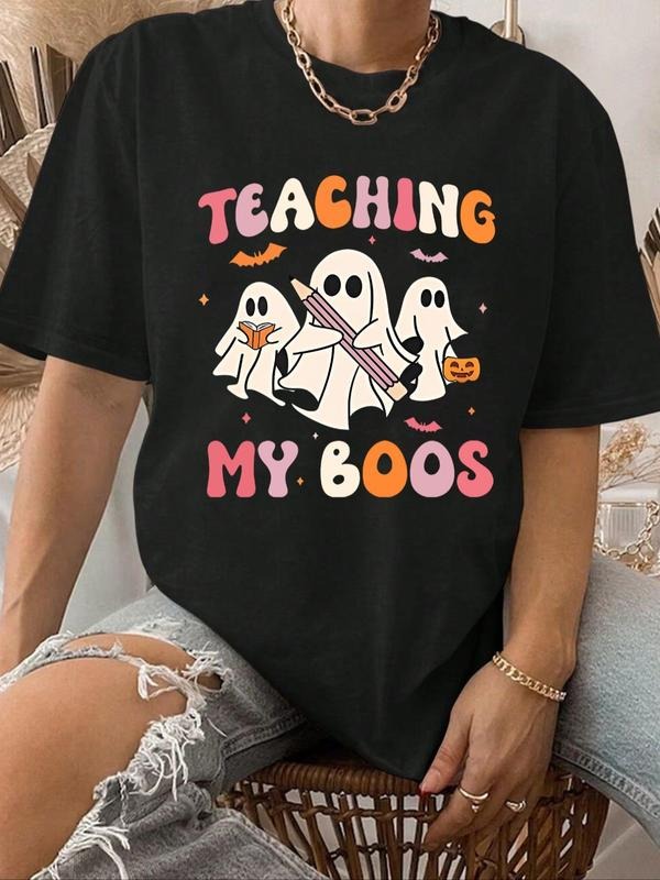 Women'WB shield Halloween Ghost Print Round Neck Tee, Fashion Casual Crew Neck Short Sleeve T-Shirt for Daily Holiday...
