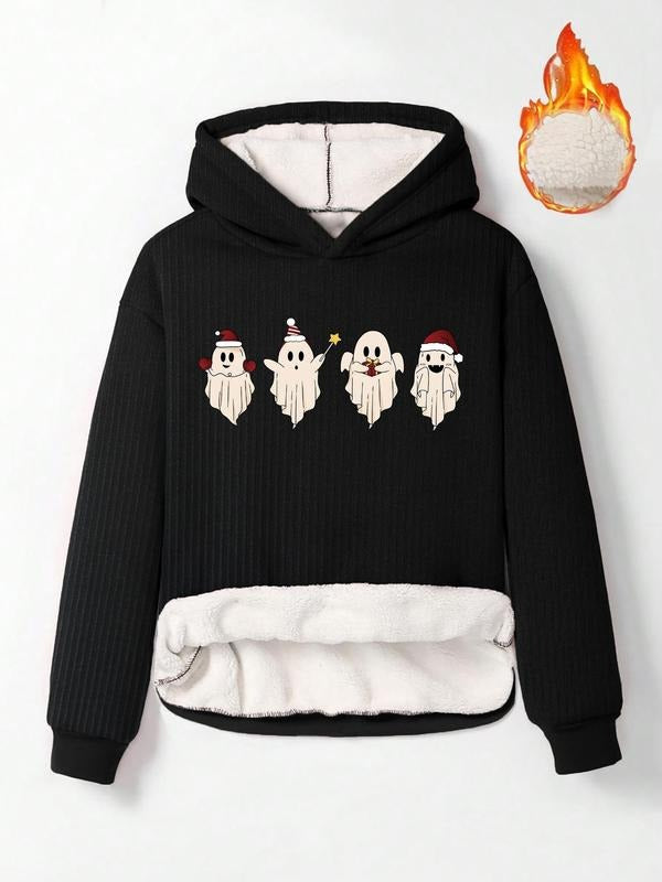 Women'WB shield Halloween Ghost Print TNF Lined Ribbed Hoodie, Fashion Casual Long Sleeve Hooded Sweatshirt for Daily...