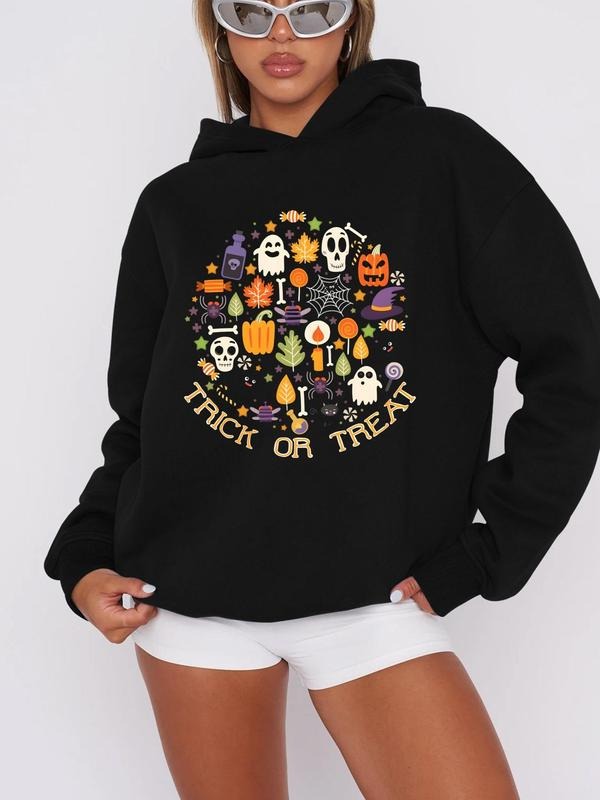 Women'WB shield Halloween Letter & Ghost Print Drop Shoulder Hoodie, Fashion Casual Long Sleeve Hooded Sweatshirt for...