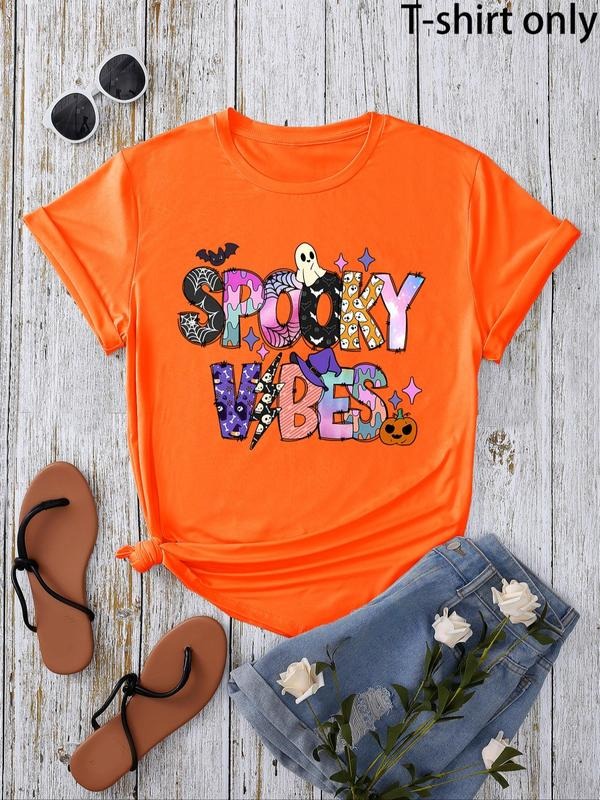 Women'WB shield Halloween Letter Print Round Neck Tee, Casual Short Sleeve Crew Neck T-shirt for Summer, Fashion Women'WB...