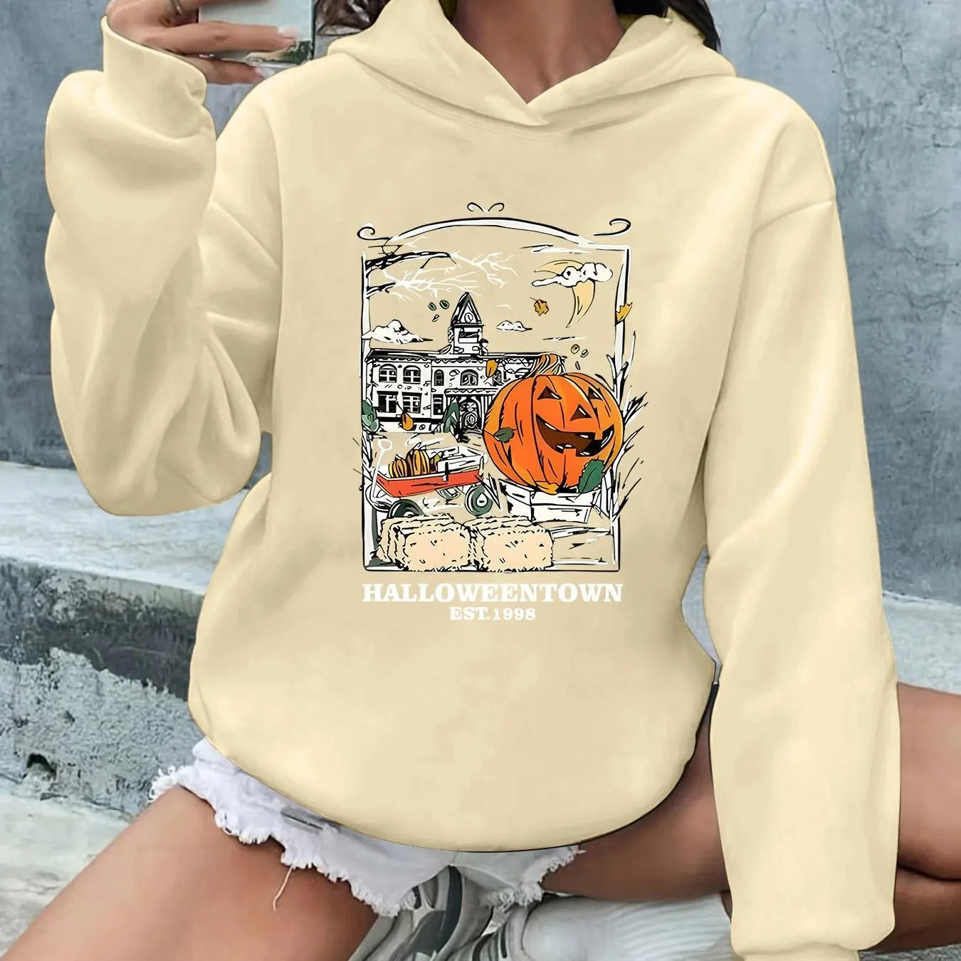 Women'WB shield Halloween Print Hoodie, Casual Long Sleeve Hooded Sweatshirt for Daily Holiday Outdoor Wear, Ladies...