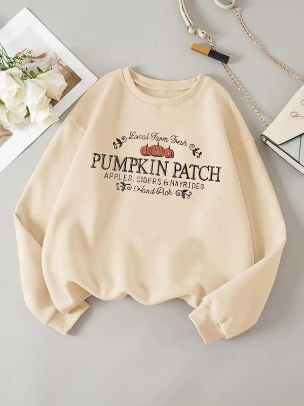 Women'WB shield Halloween Pumpkin & Letter Print Drop Shoulder TNF Lined Sweatshirt, Casual Long Sleeve Round Neck...
