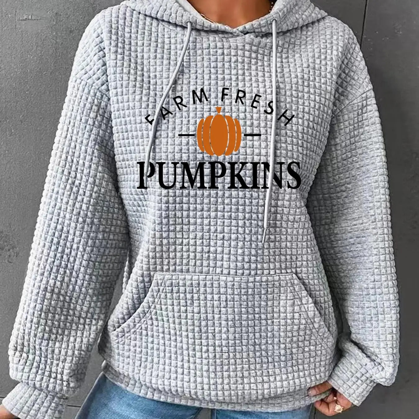 Women'WB shield Halloween Pumpkin & Letter Print Waffle Knit Hoodie, Fashion Casual Drawstring Pocket Hooded Sweatshirt...