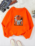 Women'WB shield Halloween Pumpkin & Skeleton Print Drop Shoulder Sweatshirt, Casual Long Sleeve Round Neck Pullover for...