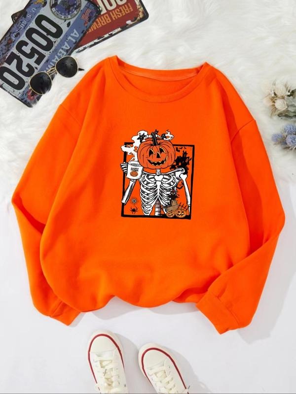 Women'WB shield Halloween Pumpkin & Skeleton Print Drop Shoulder Sweatshirt, Casual Long Sleeve Round Neck Pullover for...