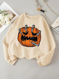 Women'WB shield Halloween Pumpkin Print Drop Shoulder Sweatshirt, Casual Long Sleeve Round Neck Pullover for Daily Wear,...