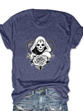 Women'WB shield Halloween Rose & Skull Print Round Neck Tee, Casual Short Sleeve Crew Neck T-shirt for Daily Wear, Ladies...
