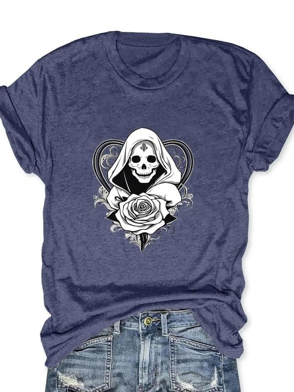 Women'WB shield Halloween Rose & Skull Print Round Neck Tee, Casual Short Sleeve Crew Neck T-shirt for Daily Wear, Ladies...