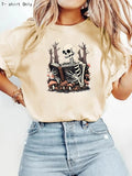 Women'WB shield Halloween Skeleton & Book Print Round Neck Tee, Fashion Casual Short Sleeve T-shirt for Daily Wear,...