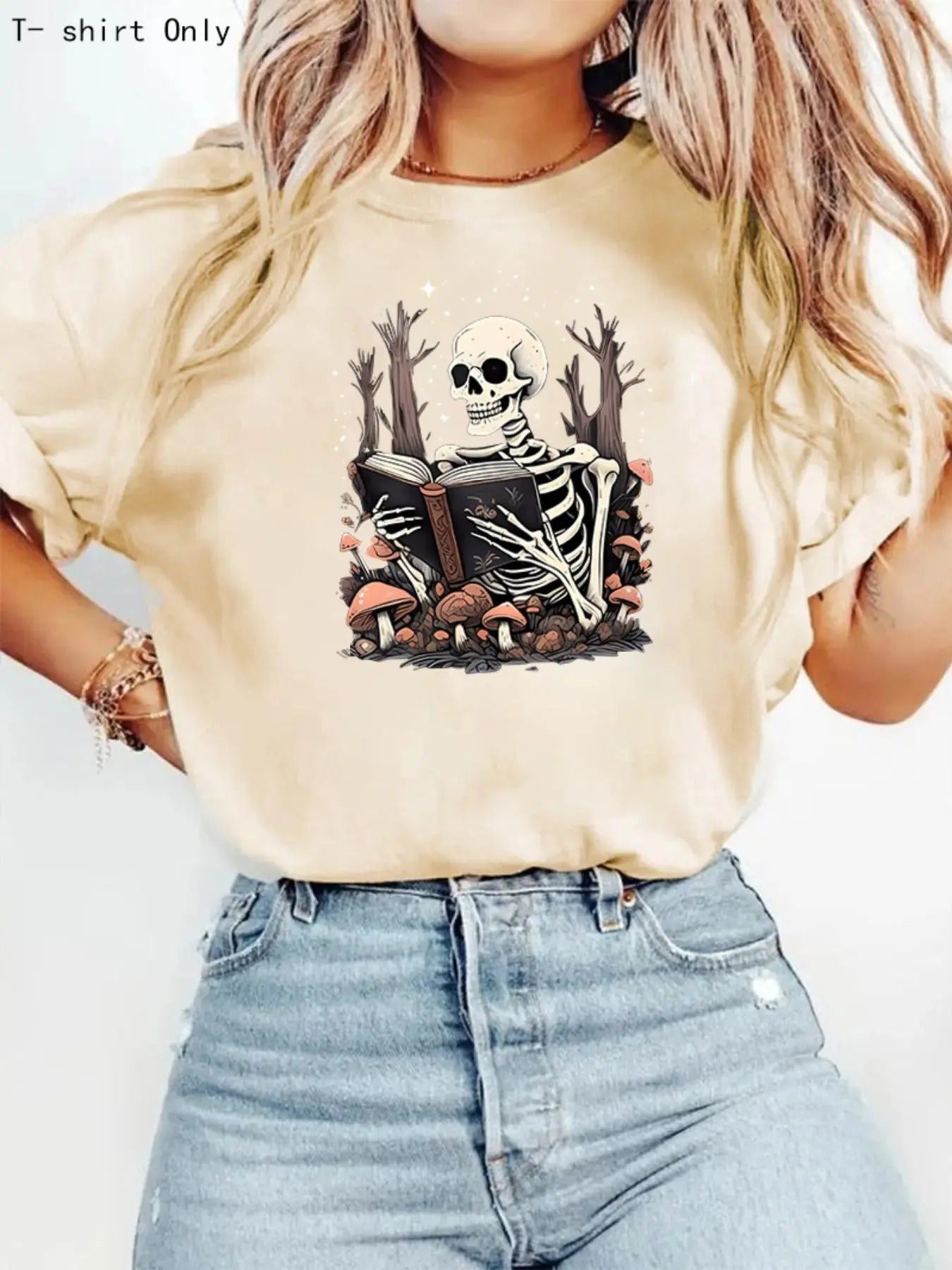Women'WB shield Halloween Skeleton & Book Print Round Neck Tee, Fashion Casual Short Sleeve T-shirt for Daily Wear,...