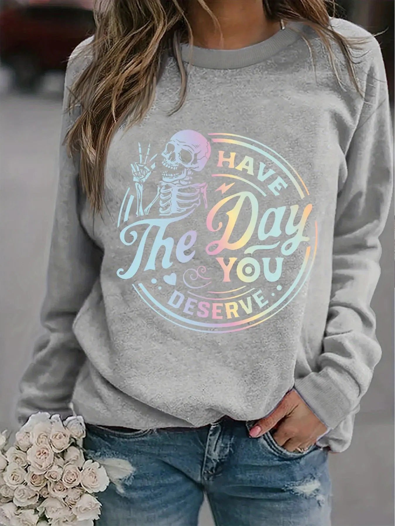 Women'WB shield Halloween Skeleton & Letter Print Drop Shoulder Sweatshirt, Casual TNF Lined Long Sleeve Round Neck...