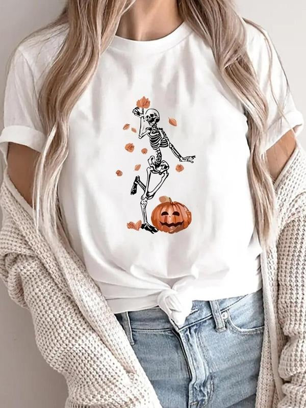 Women'WB shield Halloween Skeleton & Pumpkin Print Round Neck Tee, Casual Short Sleeve Crew Neck T-shirt for Summer,...