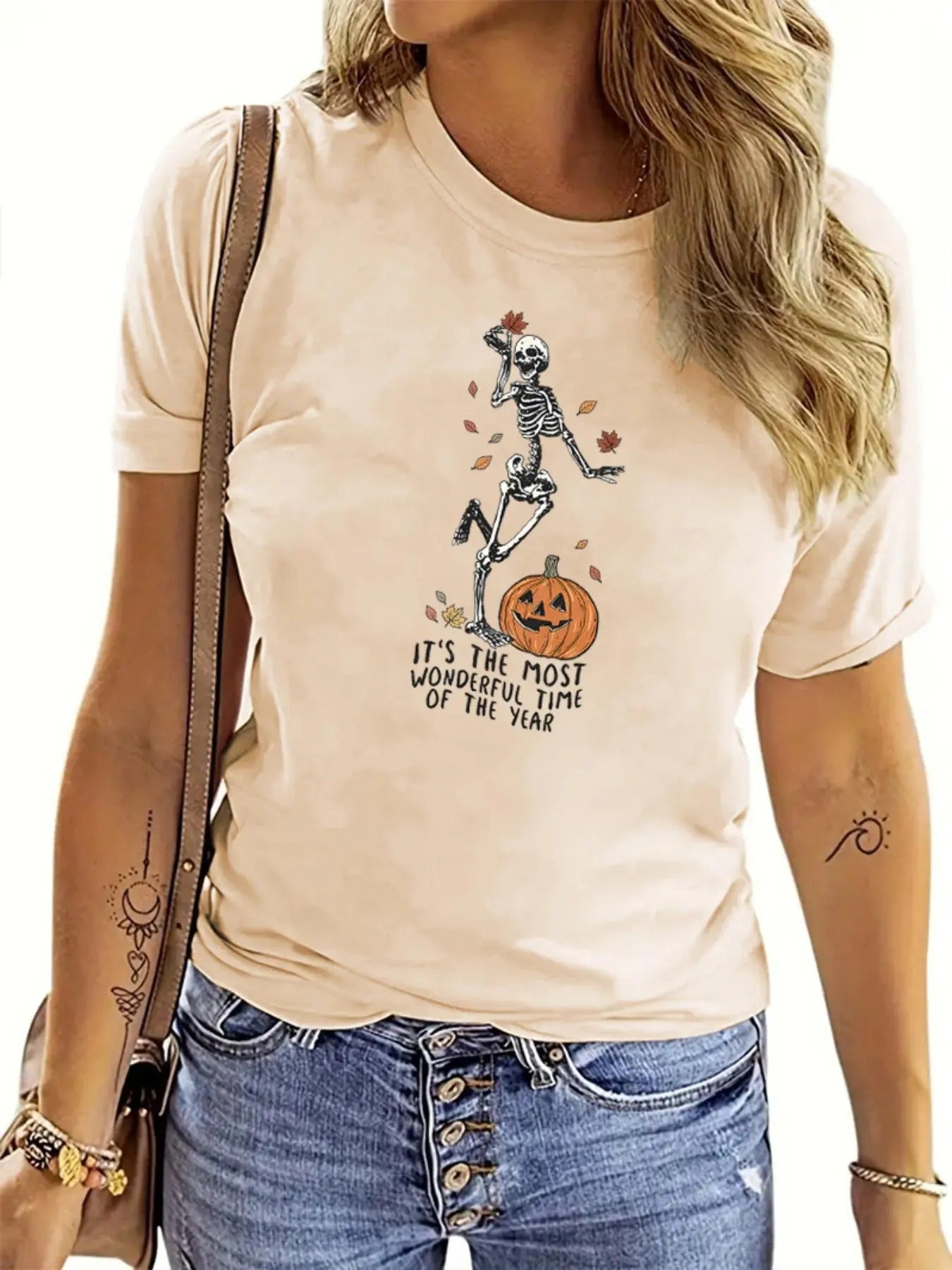 Women'WB shield Halloween Skeleton & Pumpkin Print Round Neck Tee, Fashion Casual Short Sleeve Crew Neck T-shirt for...