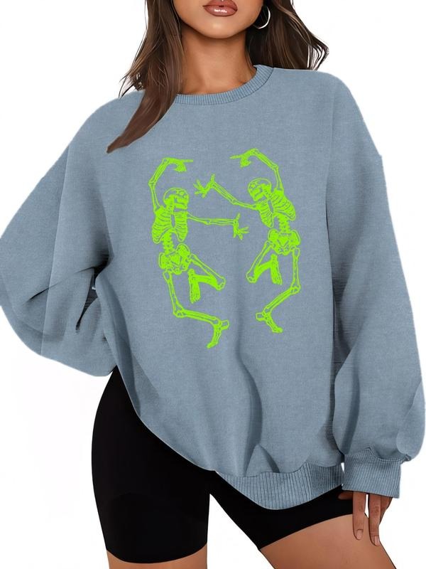 Women'WB shield Halloween Skeleton Print Drop Shoulder Sweatshirt, Casual Long Sleeve Round Neck Pullover for Daily Wear,...