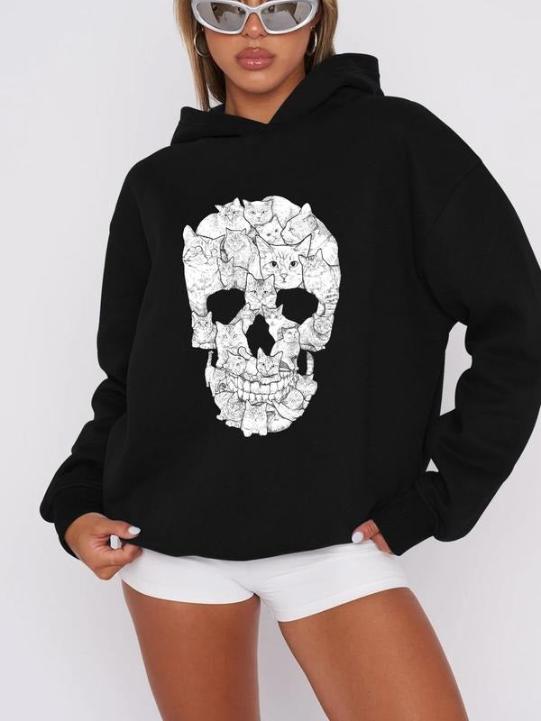 Women'WB shield Halloween Skull & Cat Print Drop Shoulder Hoodie, Fashion Casual Long Sleeve Hooded Sweatshirt for Daily...