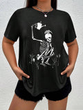 Women'WB shield Halloween Skull Print Round Neck Drop Shoulder Tee, Fashion Casual Crew Neck T-Shirt for Daily Holiday...
