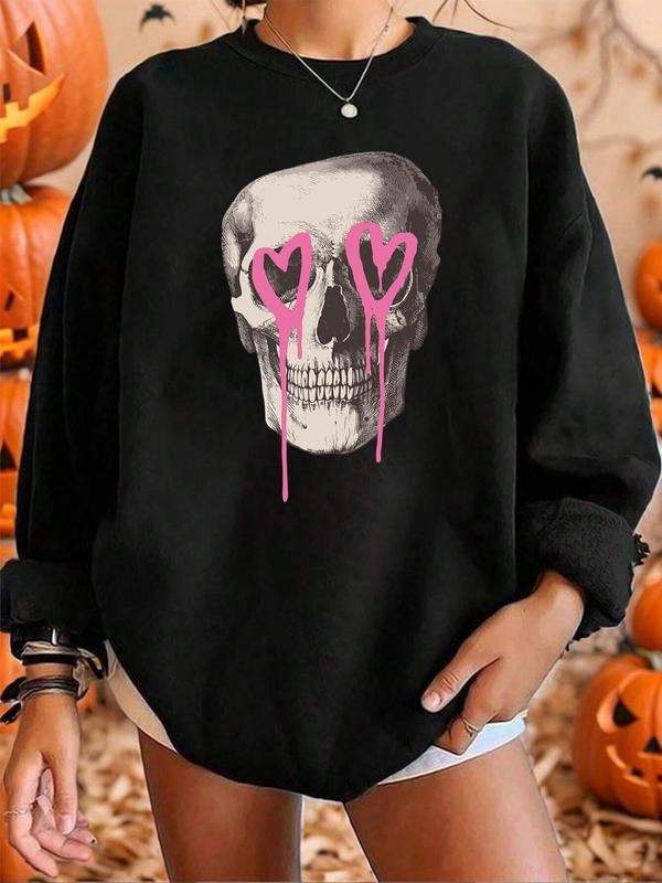 Women'WB shield Halloween Skull Print TNF Lined Sweatshirt, Casual Long Sleeve Round Neck Pullover for Daily Wear, Ladies...