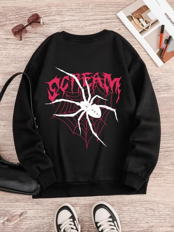 Women'WB shield Halloween Spider & Letter Print Drop Shoulder Sweatshirt, Casual Long Sleeve Round Neck Pullover for...