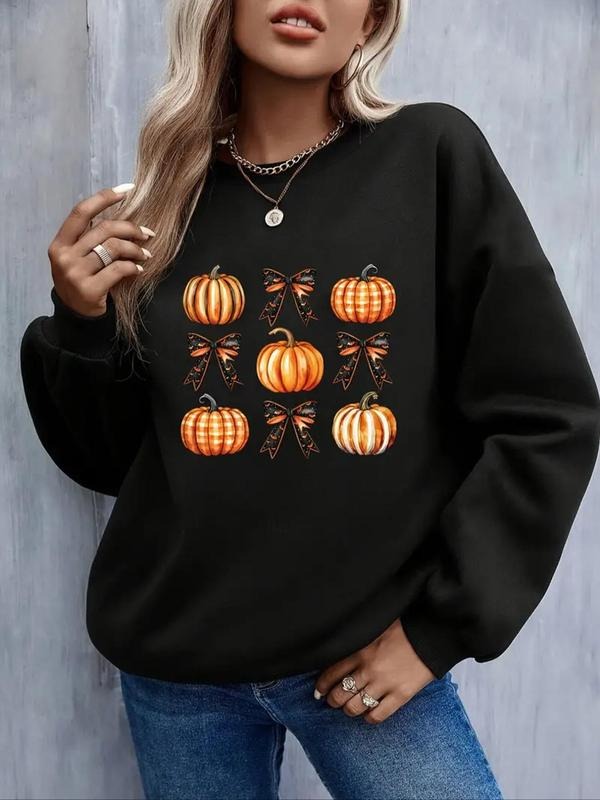 Women'WB shield Halloween TNF Bow & Pumpkin Print Drop Shoulder Sweatshirt, Casual Long Sleeve Round Neck Pullover for...