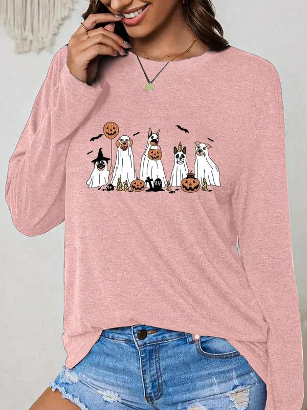 Women'WB shield Halloween TNF Cartoon Dog Print Drop Shoulder Tee, Fashion Casual Crew Neck T-shirt for Daily Holiday...