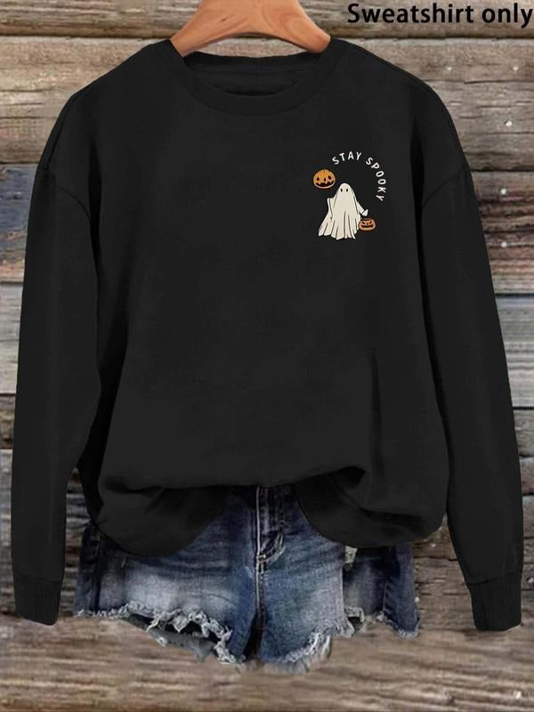 Women'WB shield Halloween TNF Cartoon Ghost & Letter Print TNF Lined Sweatshirt, Casual Crew Neck Drop Shoulder Long...