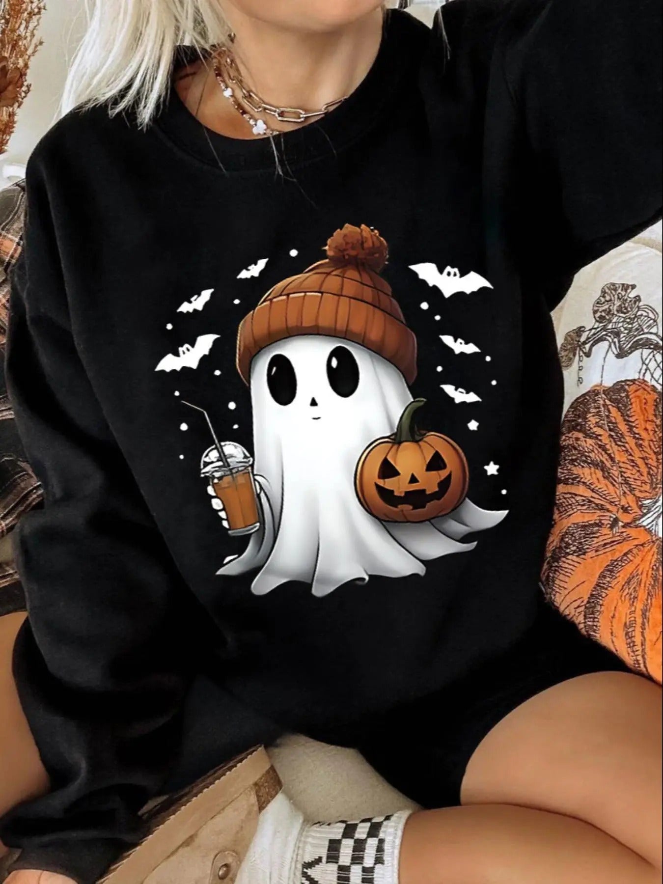 Women'WB shield Halloween TNF Cartoon Ghost Print Drop Shoulder Sweatshirt, Cute Casual Long Sleeve Round Neck Pullover...