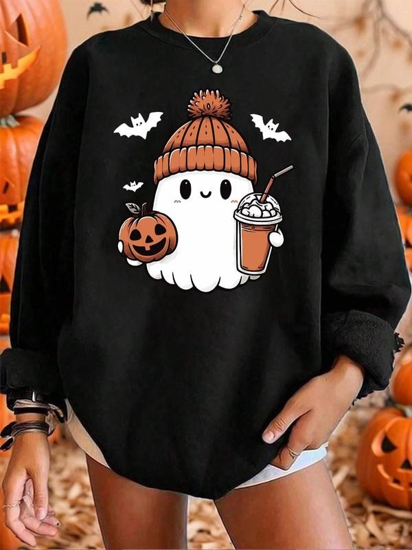 Women'WB shield Halloween TNF Cartoon Graphic Print Crew Neck Sweatshirt, Casual Drop Shoulder Long Sleeve Pullover,...