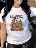 Women'WB shield Halloween TNF Cartoon Pumpkin & Letter Print Round Neck Tee, Fashion Casual Short Sleeve T-shirt for...