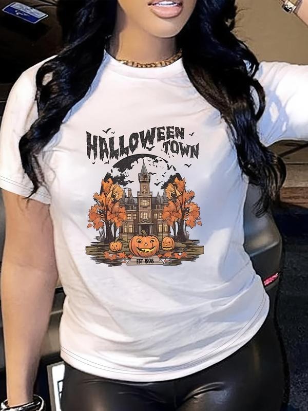 Women'WB shield Halloween TNF Cartoon Pumpkin & Letter Print Round Neck Tee, Fashion Casual Short Sleeve T-shirt for...