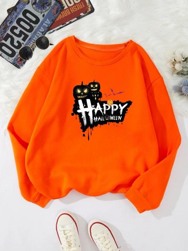 Women'WB shield Halloween TNF Cartoon Pumpkin Print Drop Shoulder Sweatshirt, Casual Letter Print Long Sleeve Round Neck...